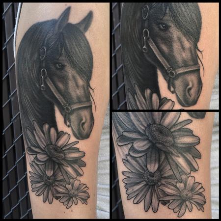 Tattoos - Black and Grey Horse and Daisies  - 117264